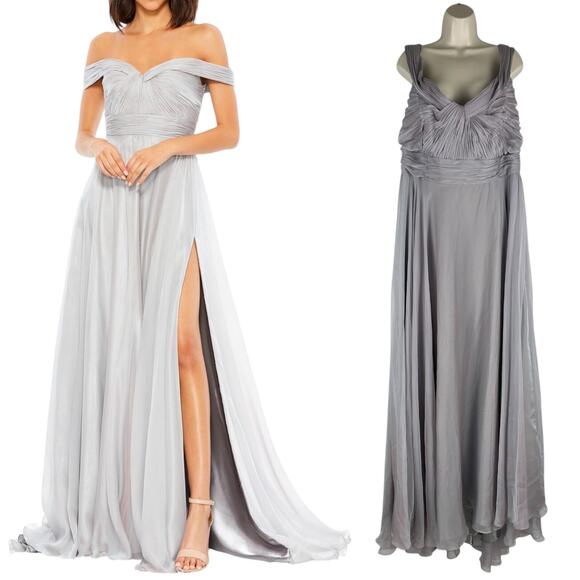 Mac Duggal Off The Shoulder Ruched A Line Gown Pearl Gray Size 18 - Picture 5 of 16